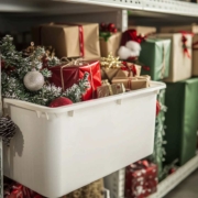 A white storage bin filled with holiday decorations, including wrapped presents and ornaments, on a shelf.