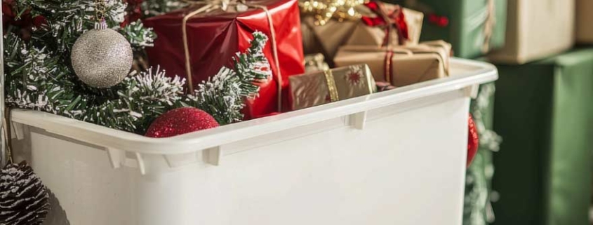 A white storage bin filled with holiday decorations, including wrapped presents and ornaments, on a shelf.